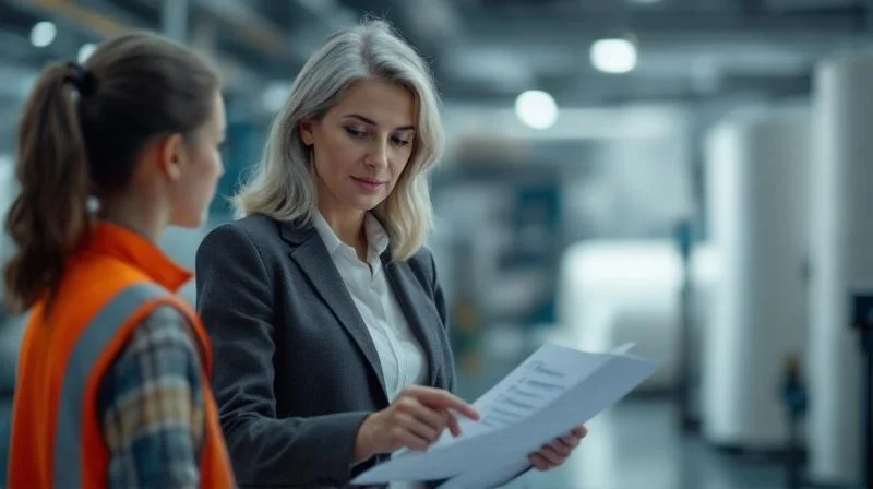 Dürener Ausbilder erklärt Auszubildendem einen Vorgang in einer Papierfabrik
