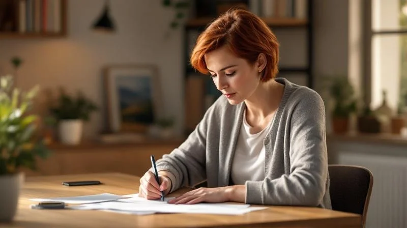 Frau fuellt Formulare am Schreibtisch in einem hellen Raum in Dueren aus