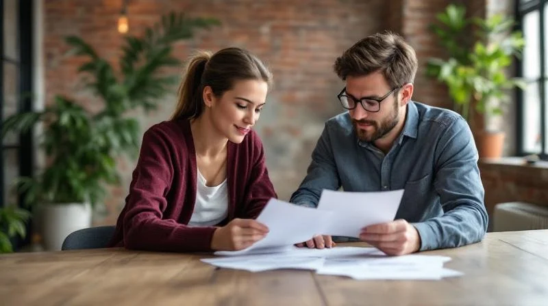Zwei Personen besprechen Unterlagen an einem Tisch in einem hellen Buero
