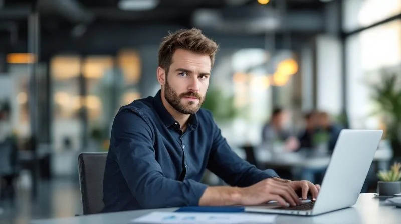 Mann analysiert Karriereoptionen am Laptop in einem modernen Büro in Düren