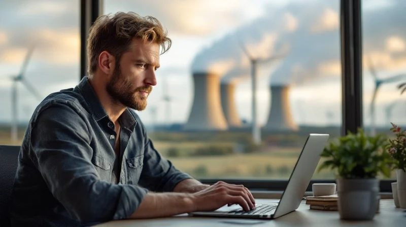 Dürener Sachbearbeiter am Laptop, im Hintergrund Papiermühle und Rheinisches Revier