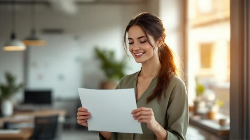 Frau feiert ihren Pruefungserfolg am Schreibtisch mit Unterlagen in Dueren