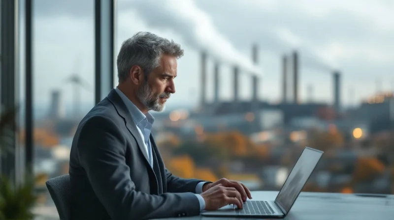 Geschäftsführer im Dürener Industriebüro mit Blick auf Papierfabrik und Rheinisches Revier