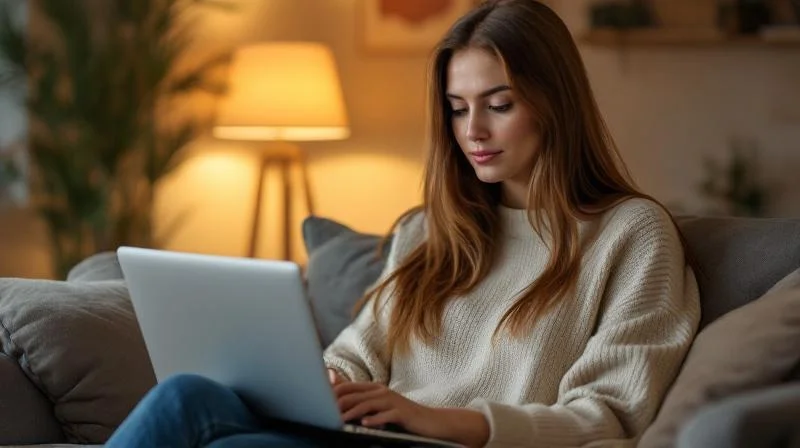 Dürener Quereinsteiger arbeitet am Laptop in einem hellen Wohnzimmer