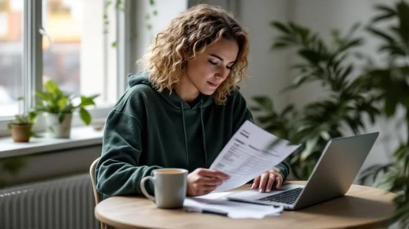 Dürener Berufstätige sortiert Steuerbelege für Weiterbildung in einem Wohnzimmer