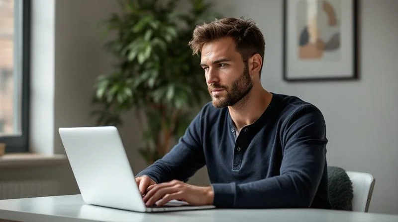 Mann arbeitet konzentriert am Laptop in einem modernen Raum in Dueren