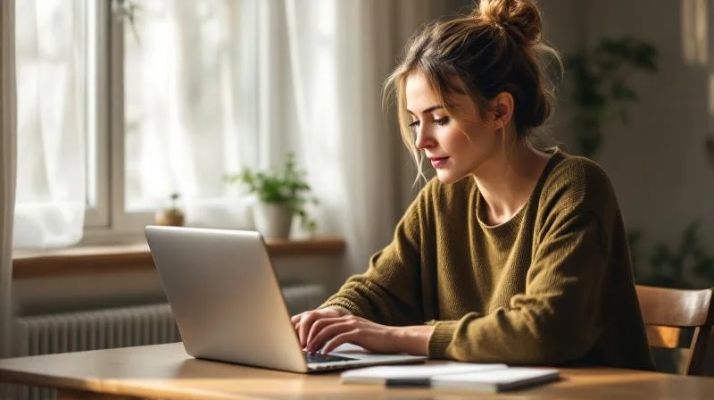 Frau lernt am Laptop in einem hellen Raum mit Blick auf die Duerener Innenstadt