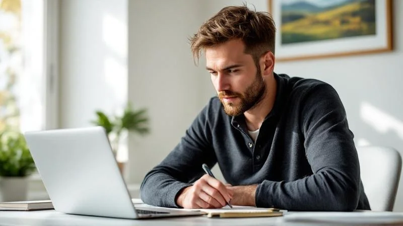 Mann arbeitet konzentriert am Laptop in einem modernen Homeoffice in Düren